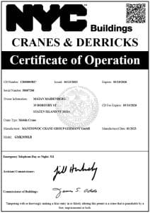 NYC DOB Licenses - Manitowoc GMK3050LB - CD5827 License